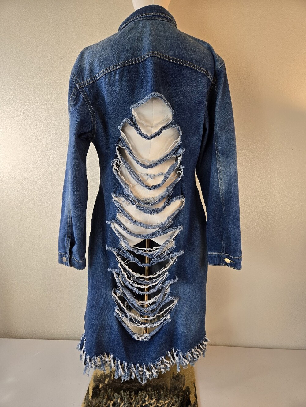 Distressed Long Denim Trucker Jacket Coat Fringe Hem Large